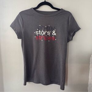 NWOT, Women’s Gray Graphic Tee with Stars & Stripes Design, Size M
